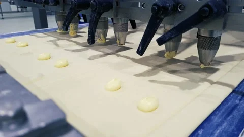Flat layer of dough on moving conveyor belt prepared for making buns. Stock Footage 167362107