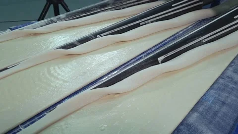 Flat layer of dough on moving conveyor belt prepared for making buns. Stock Footage 170181613
