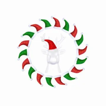 Flat layout of Christmas caps in green and red in the form of a circle on a w Stock Illustration