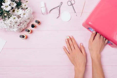 Flat layout process making colorful gel manicure 写真素材