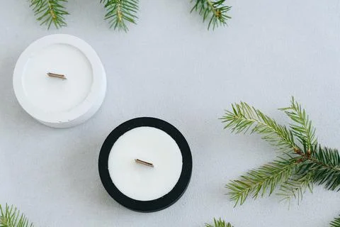 Flat Layout. Top View of Wax Candles in Black and White Plaster Pots. Candles Stock Photos