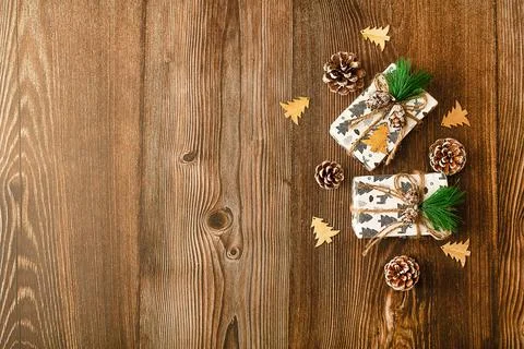 Flat layout on wood background. Concept - New Years sale, Christmas shopping Stock Photos