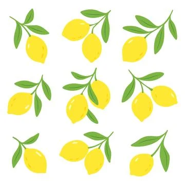 Flat lemons with leaves in bright minimal cartoon vector style Stockillustratie