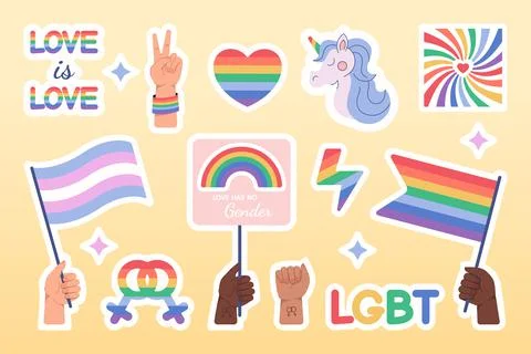 Flat LGBT pride stickers set with rainbow flags and symbols Illustrazione stock
