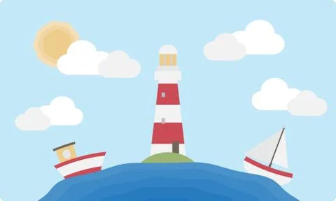 Flat Lighthouse and Boats Stock Illustration