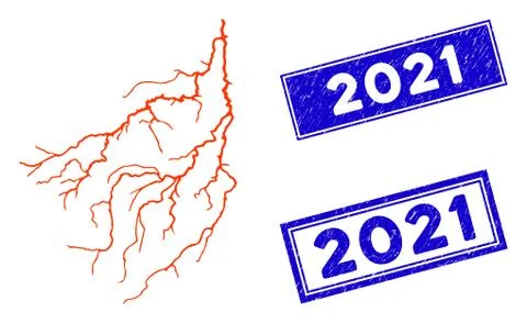 Flat Lightning Icon and Scratched Rectangle 2021 Seals Stock Illustration