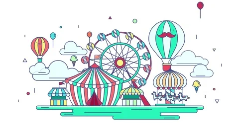 Flat line amusement park animation in creative advertising banner background. Stockbeeldmateriaal 72460555