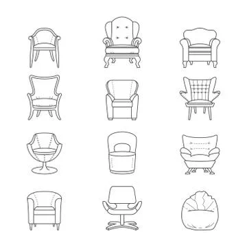 Flat line armchair vector isolated icons set Stock Illustration