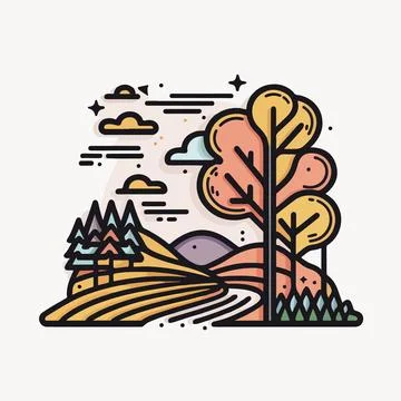 Flat line art landscape Vector illustration on white Background Stock Illustration