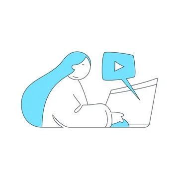Flat line art vector illustration for online education. People watching a vid Stock Illustration