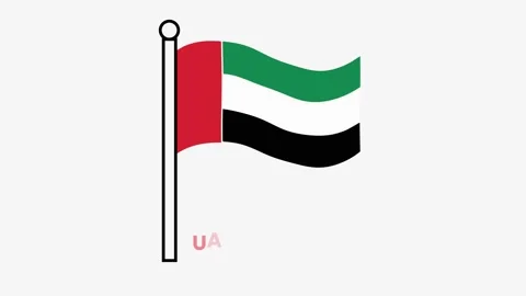 Flat line-art vector of waving UAE flag on pole simple outline with smooth c Stock Footage 320988944