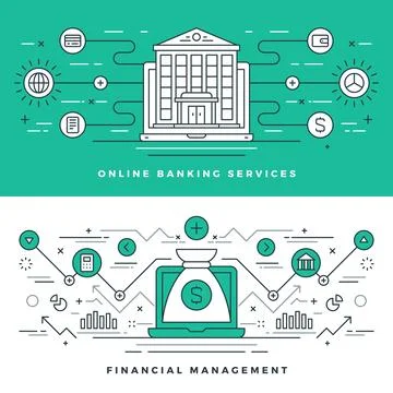 Flat line Banking and Financial Management Concept Vector illustration. Ilustración de archivo