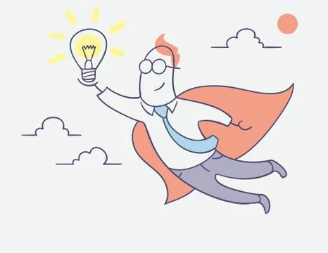 Flat line character vector design - businessman hero flying with bright idea Stock Illustration