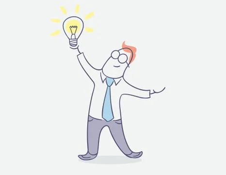 Flat line character vector design - happy businessman with bright idea Stock Illustration