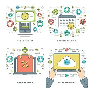 Flat line Cloud Computing, Internet Shopping, Mobile Payments, Business Con.. Stock Illustration
