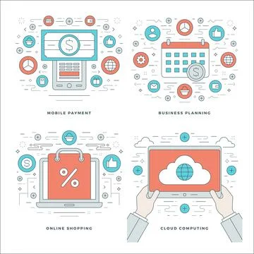 Flat line Cloud Computing, Internet Shopping, Mobile Payments, Business Con.. Stock Illustration
