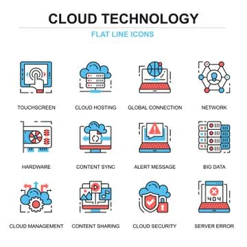 Flat line cloud technology icons concepts set Stock Illustration