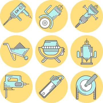Flat line colored icons for construction equipment Stock Illustration