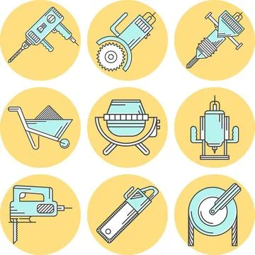 Flat line colored vector icons for construction equipment Yellow circle fl... Stock Photos