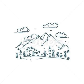 Flat line concept with house, trees and mountains Stock Illustrationen