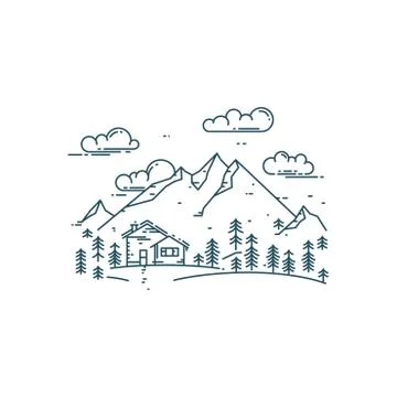 Flat line concept with house, trees and mountains Stock Illustration