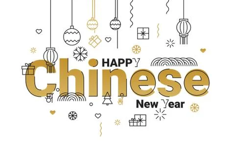 Flat line design concept banner - Happy Chinese New Year. - Vector Stock Illustration