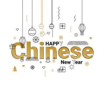 Flat line design concept banner - Happy Chinese New Year. - Vector Stock Illustration