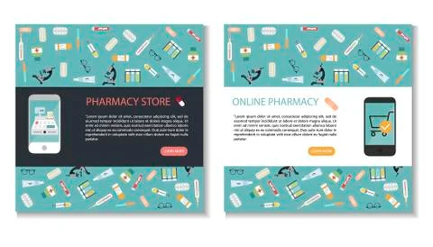 Flat line design website banner of healthcare mobile app. Modern vector illus Stock Illustration