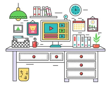 Flat line design workplace desk, creative office room interior, desktop computer Ilustración de archivo