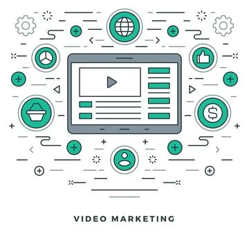 Flat line E-learning or Video Marketing. Vector illustration. イラスト素材