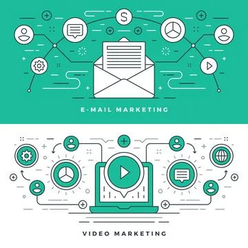 Flat line E-mail and Video Marketing Concept Vector illustration. Illustrazione stock