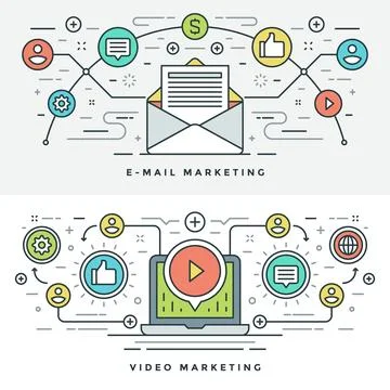 Flat line E-mail and Video Marketing Concept Vector illustration Illustrazione stock