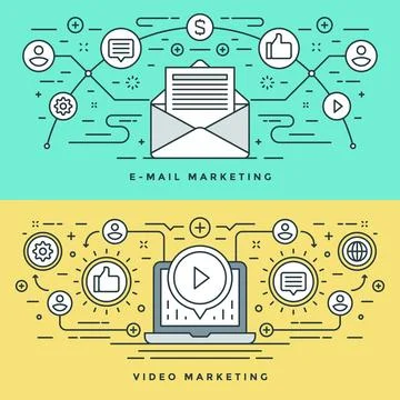 Flat line E-mail and Video Marketing Concept Vector illustration. Modern th.. 스톡 일러스트