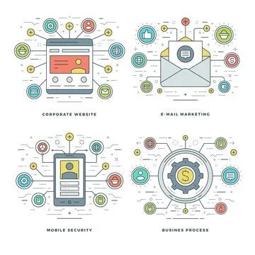 Flat line E-mail Marketing, Mobile Security, Business Process Concepts Set .. Illustrazione stock