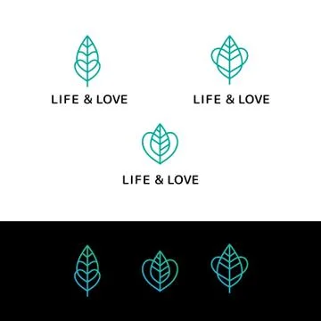 Flat line heart and leaf monochrome blue icons logos web online concept.Brand Stock Illustration