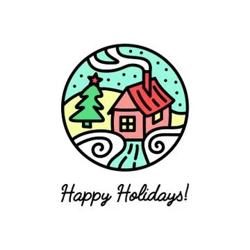 Flat line icon on the New Year's and Christmas Holiday. Cozy house in the sno 스톡 일러스트
