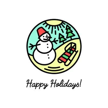 Flat line icon on the New Year's and Christmas Holiday. Cheerful snowman with Stock Illustration