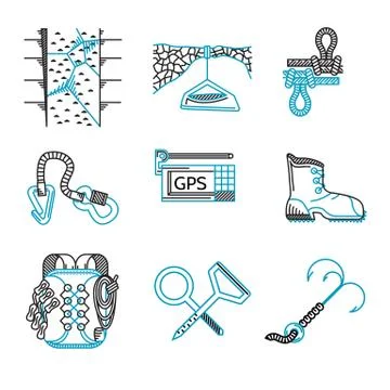 Flat line icons for rappeling equipment Stock Illustration