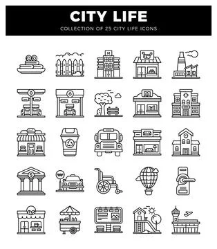Flat line icons representing urban life and city services. Stock-Illustration