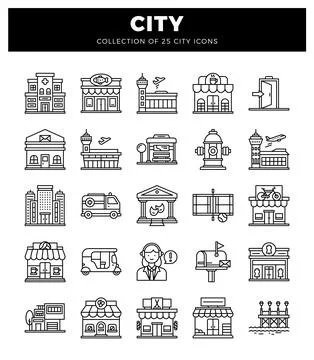 A flat line icons representing various city buildings and transportation el.. Ilustración de archivo