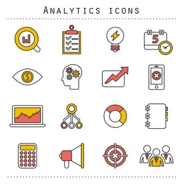 Flat line icons set of small business planning development, startup key elements Illustrazione stock