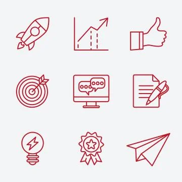 Flat line icons set of small business planning development, startup key elements Illustrazione stock