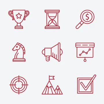 Flat line icons set of small business planning development, startup key elements Illustrazione stock
