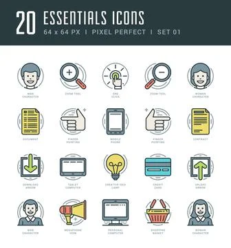 Flat line icons set. Trendy Modern thin linear stroke vector Essentials Obj.. Stock Illustration