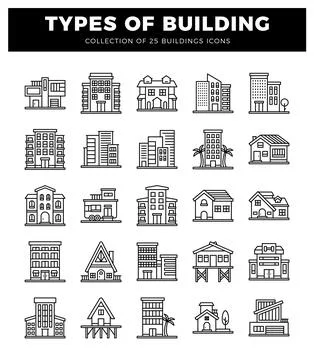 Flat line icons set of various building types. residential and commercial. .. Ilustração Stock