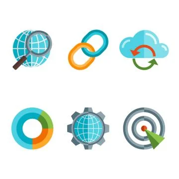 Flat line icons set of website search engine optimization, seo analytics Illustrazione stock