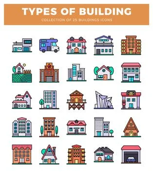 Flat line icons of various building types. set against a white background. Ilustración de archivo