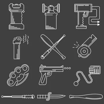 Flat line icons vector collection of self-defense accessory Set of black c... Stock Photos
