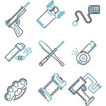 Flat line icons vector collection of self-defense Set of flat line black a... Stock Photos