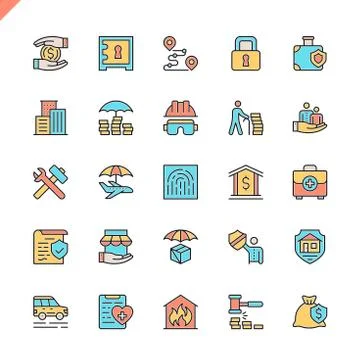 Flat line insurance elements icons Stock Illustration